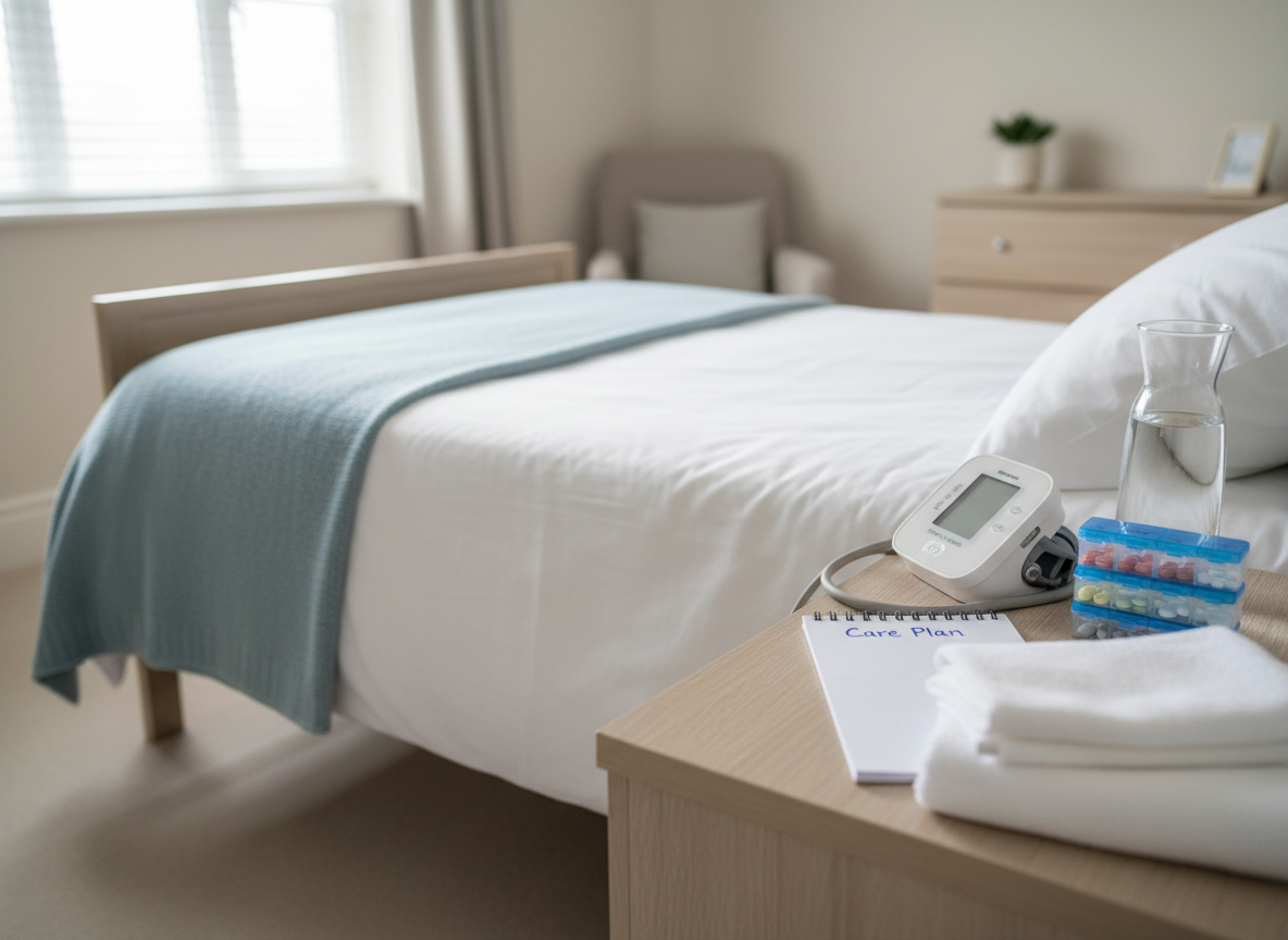 A neatly made home care bed with crisp white linens, a soft pale-blue blanket folded at the foot, and a digital blood pressure monitor resting on a light wood bedside table. Beside it, neatly organized non-medical caregiving supplies like pill organizers, a water carafe, a notepad labeled “Care Plan,” and folded towels create a sense of preparation. The room is a bright, tidy bedroom with neutral walls and a large window letting in gentle morning light that casts soft, natural shadows. Photographic realism at eye level, with a shallow depth of field that keeps the bed and table in sharp focus while the rest of the room softly blurs, conveying professional, calm, and reassuring in‑home support.