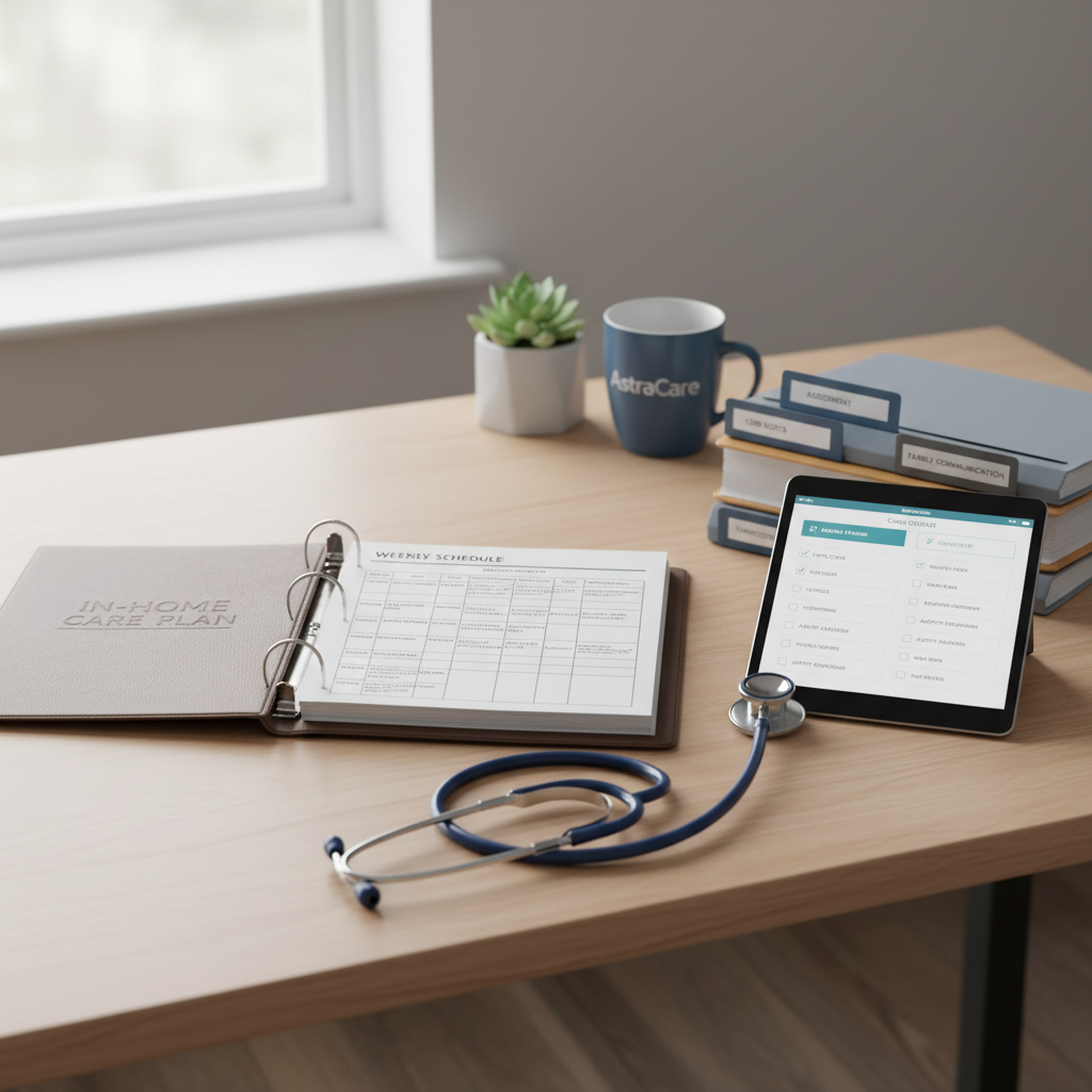 A polished, light-wood desk displaying a detailed in-home care plan binder open to a neatly formatted schedule, alongside a sleek tablet showing a caregiver checklist app and a stethoscope coiled carefully to one side. Nearby, labeled folders such as “Assessment,” “Care Notes,” and “Family Communication” are stacked in an orderly fashion. The setting is a modern home office with a subtle AstraCare-branded blue accent mug and a small potted plant in the background. Soft, diffused afternoon light from a nearby window creates a clean, professional glow. Captured in photographic realism from a slightly elevated angle, the composition emphasizes organization, clarity, and the confidence of nurse-led oversight without showing any people.