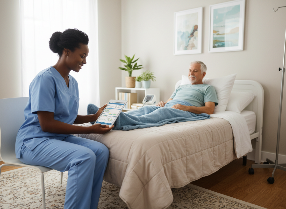 A compassionate Black female registered nurse in light-blue scrubs sitting beside an elderly white male patient on a neatly made bed in a bright, tidy living room. She is adjusting his blanket and smiling warmly while checking a digital tablet with his care plan. The room has soft natural light, neutral walls, simple artwork, and minimal medical equipment, conveying professional in-home nursing care that feels calm, safe, and trustworthy. Photographic realism, landscape orientation, shallow depth of field.
