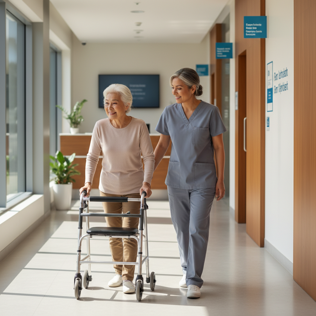 A middle-aged Latina caregiver in soft gray scrubs helping an elderly East Asian woman use a walker in a sunlit hallway of a modern clinic. The caregiver walks just beside her with a reassuring hand on the walker, both smiling slightly. The background shows clean signage and a reception desk out of focus, with warm wood tones and natural light for a professional but welcoming clinical feel. Photographic realism, landscape orientation.