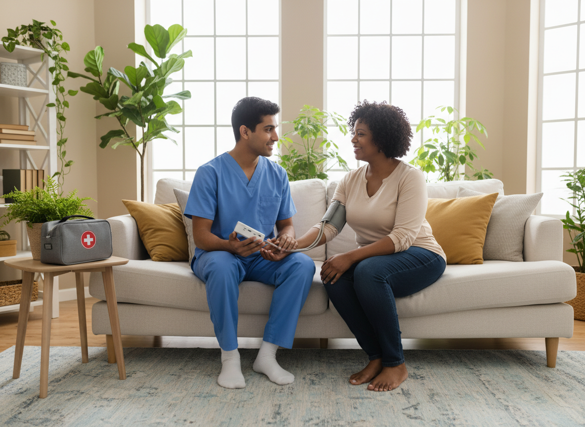 A young South Asian male nurse taking the blood pressure of a middle-aged Black woman seated comfortably on a sofa in her living room. Both are smiling gently as they talk; the nurse uses a digital blood pressure cuff while a small medical kit rests on a side table. The room is bright with large windows, indoor plants, and soft neutral colors, highlighting a warm, trustworthy home-care visit. Photographic realism, landscape orientation.