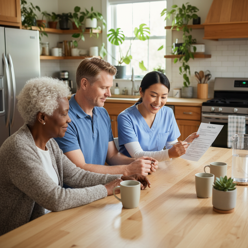 A middle-aged white male family caregiver holding hands with his elderly Black mother as they sit together at a kitchen table, while a smiling East Asian female home health aide in light-blue scrubs reviews a printed care plan with them. The kitchen is bright and modern with natural wood cabinets and plants, creating a warm, reassuring home-care environment. Photographic realism, landscape orientation.