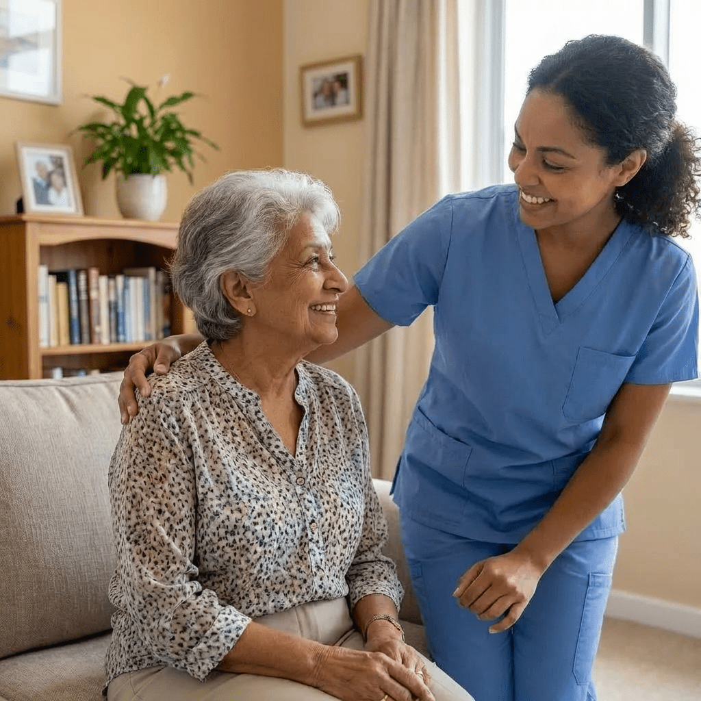 Six diverse healthcare professionals in colorful scrubs smiling together in a room with bookshelves.